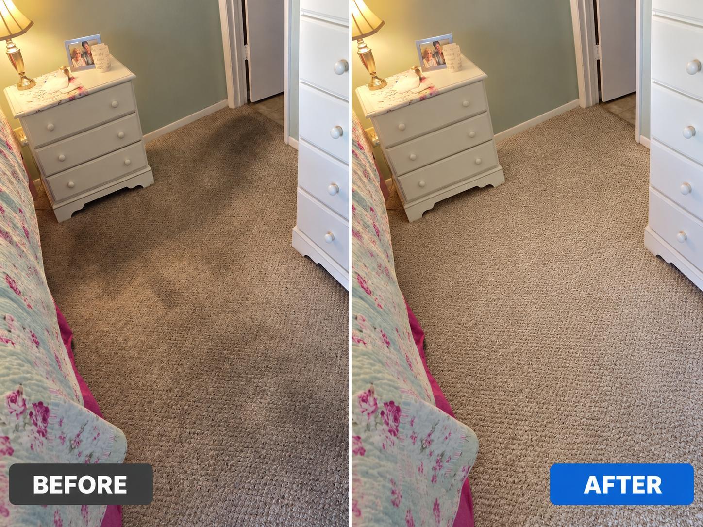 Before and after cleaning carpet beside a bed