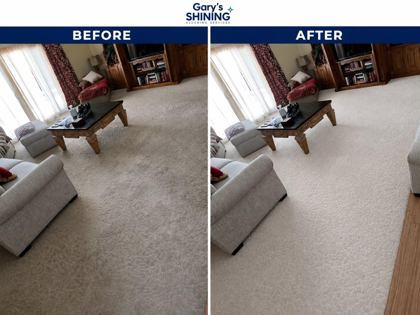 Before and after cleaning carpet near a sofa