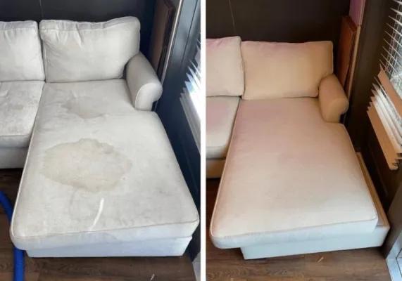 Before and after photos of a light upholstered chair
