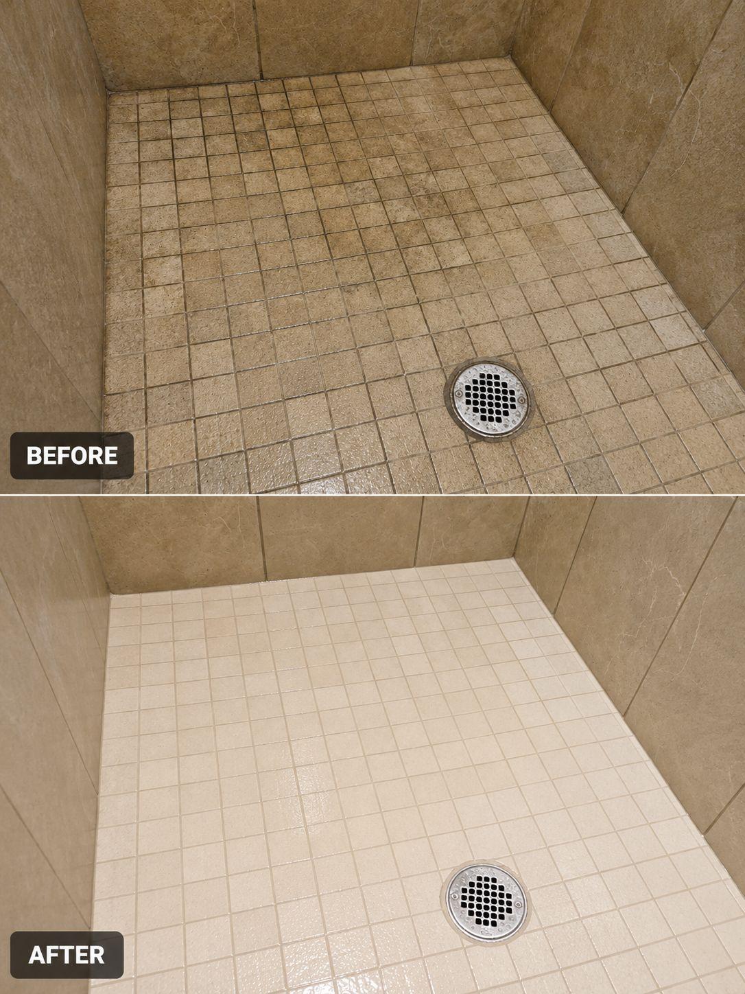 Before and after cleaning square shower floor tiles and grout