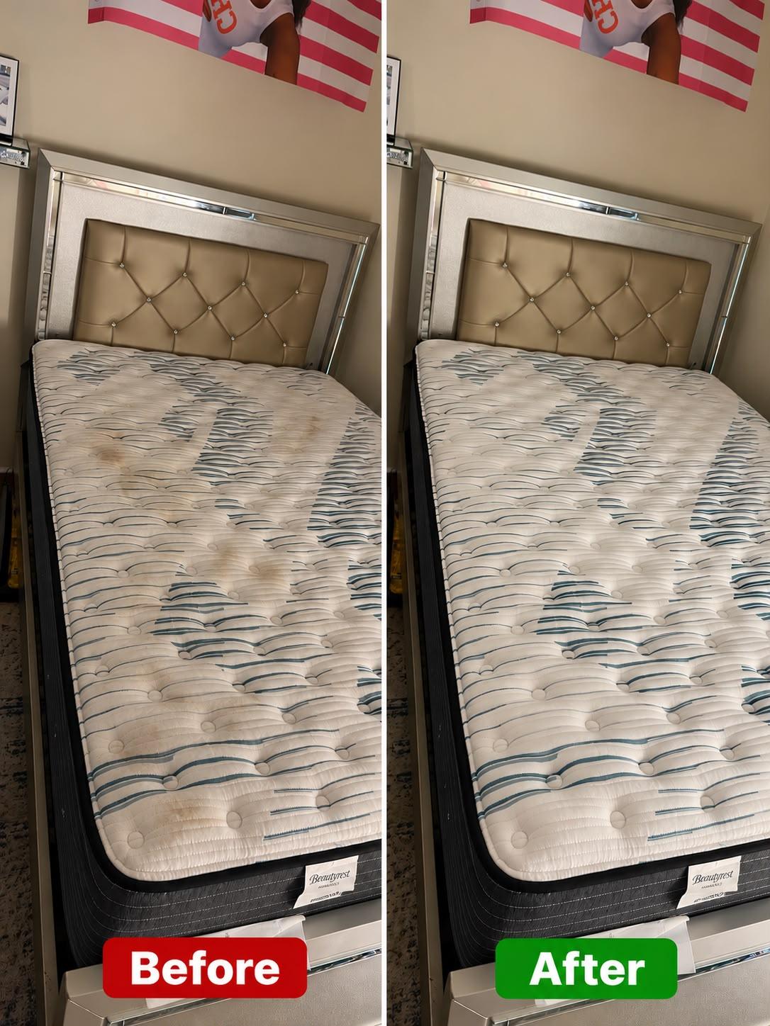 Before and after cleaning a patterned mattress on a bed