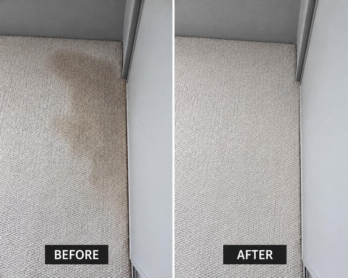 Before and after cleaning a narrow carpeted space