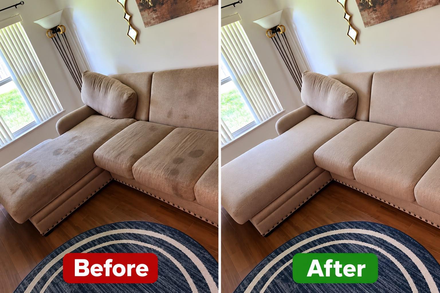 Before and after cleaning a beige sectional sofa