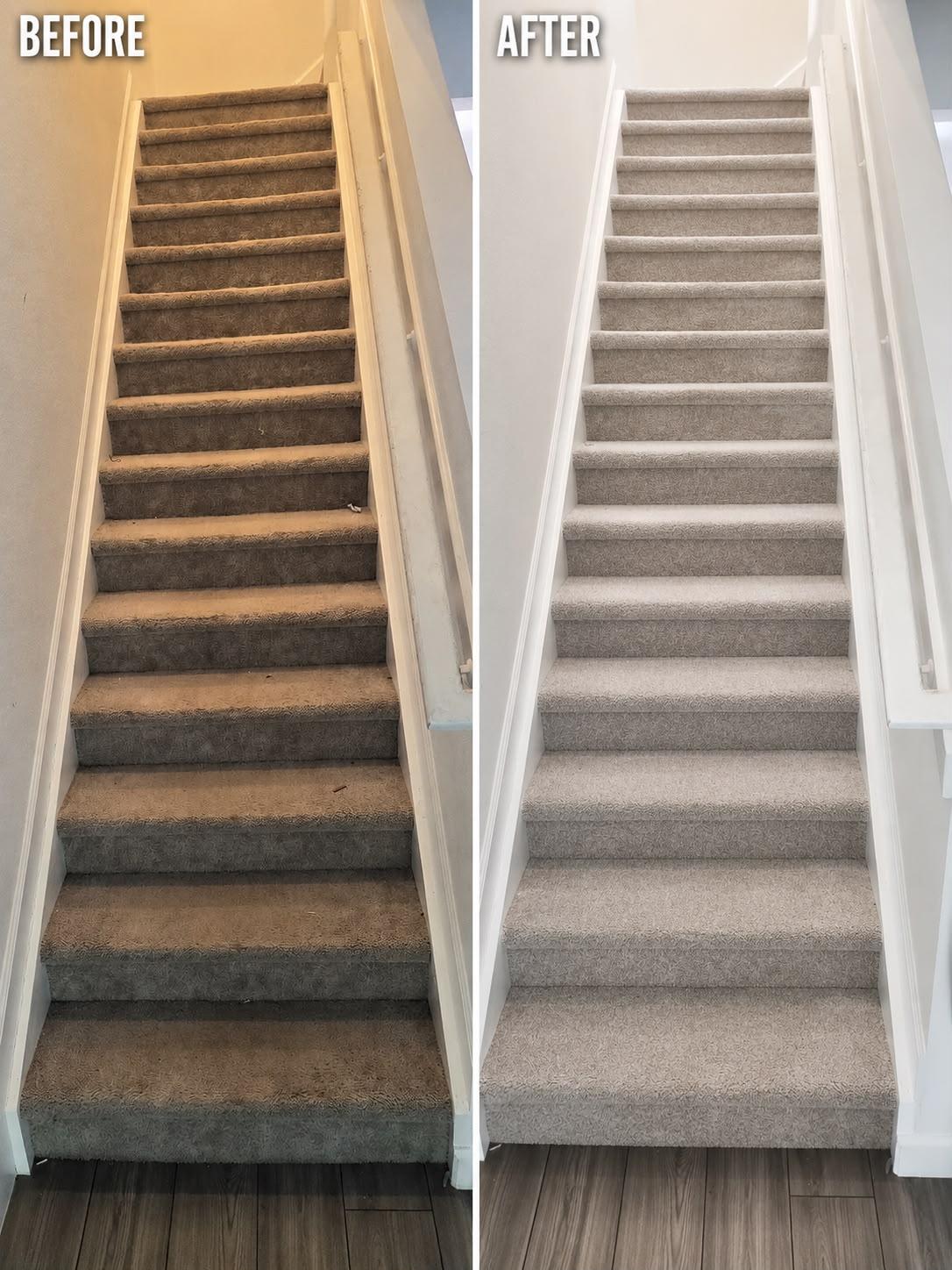 Before and after cleaning a carpeted staircase