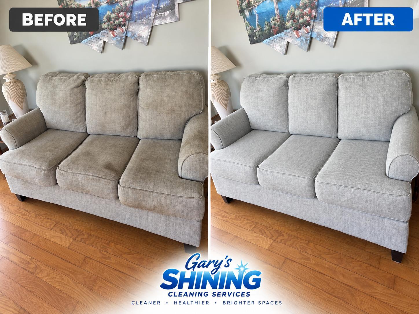 Before and after cleaning a gray upholstered sofa