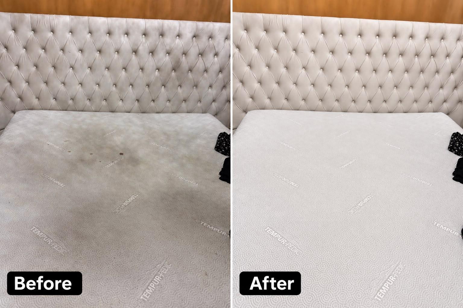 Before and after photos of a mattress beside a tufted headboard
