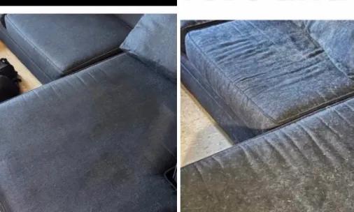 Side-by-side photos of a dark upholstered chair